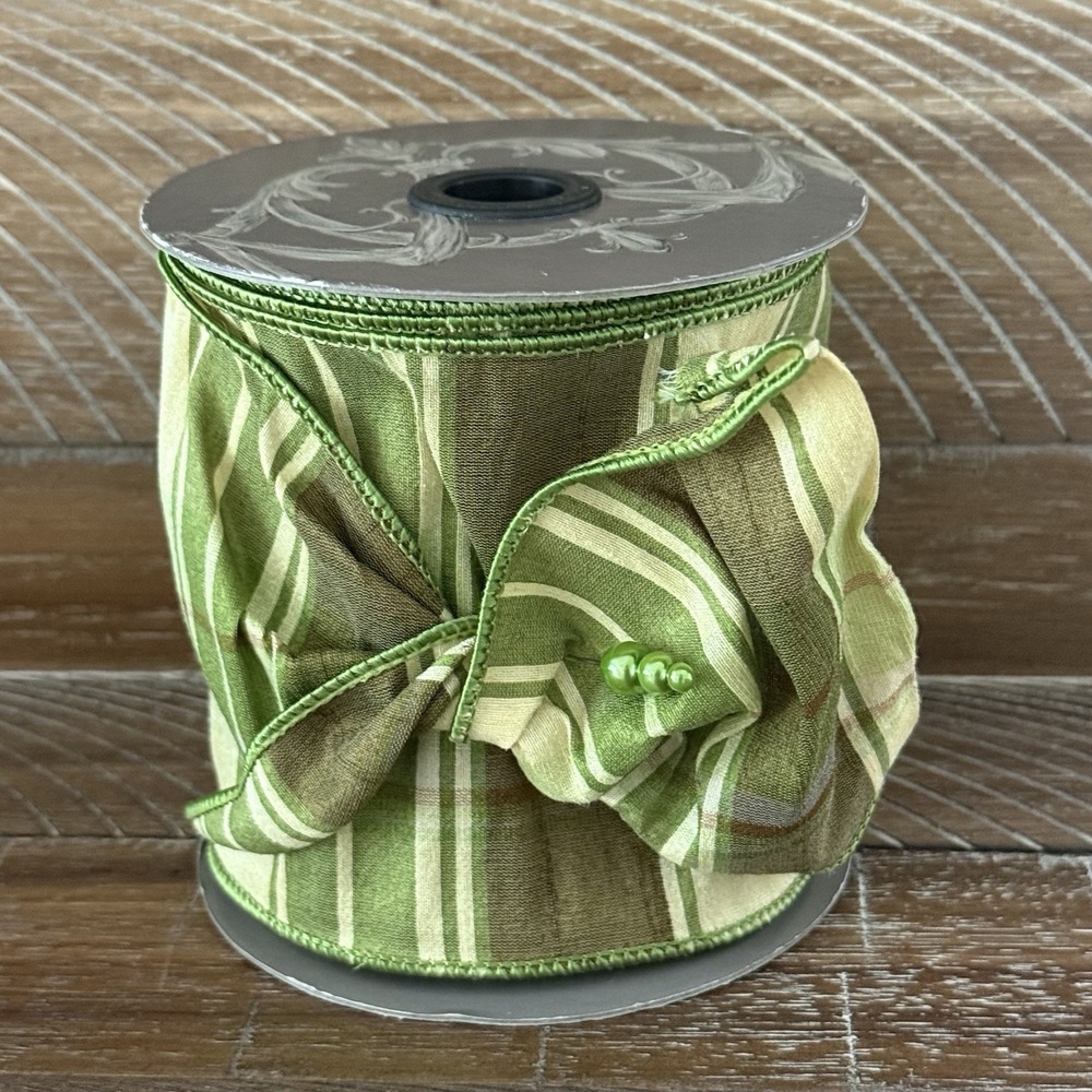 D. Stevens 4" Wired Ribbon Green Cream Red Plaid Christmas French Country